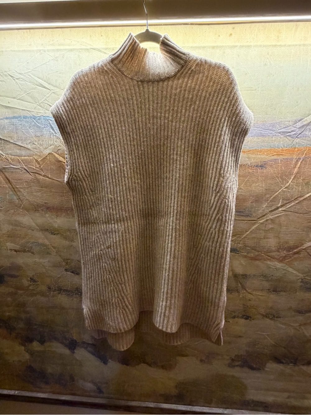 Ganni Sleeveless Ribbed Turtleneck Vest in Light Beige